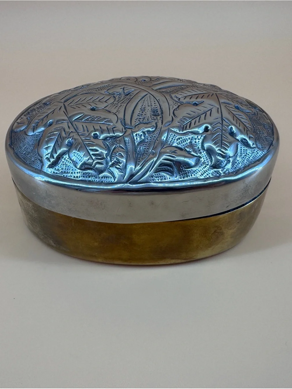 Silverplated Oval Repousse Jewelry Trinket Box